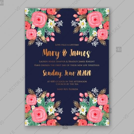 Wedding - Pink rose, peony wedding invitation card dark blue background autumn