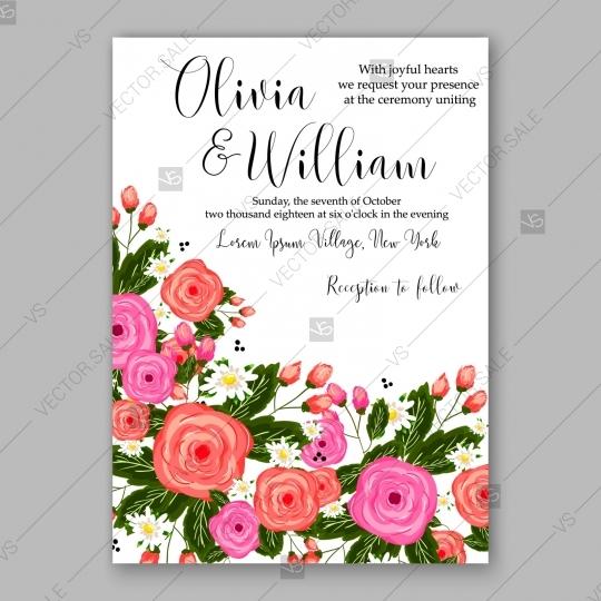 Hochzeit - Pink rose, peony wedding invitation card modern floral design