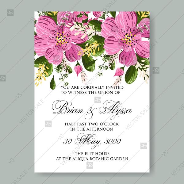 Wedding - Floral Wedding invitation vector card template pink anemone flower clip art