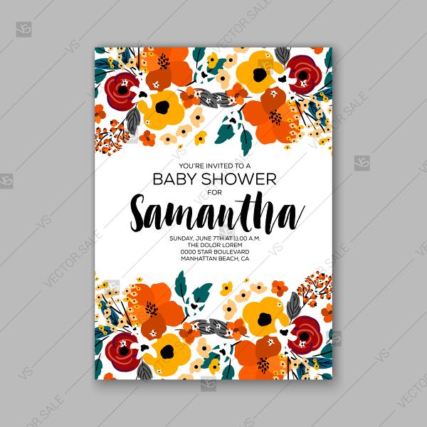Wedding - Floral orange Baby Shower Invitation vector template