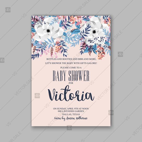 Свадьба - Anemone Wedding Invitation Card Template Floral Bridal Wreath Bouquet with wight flowers, peony eucalyptus