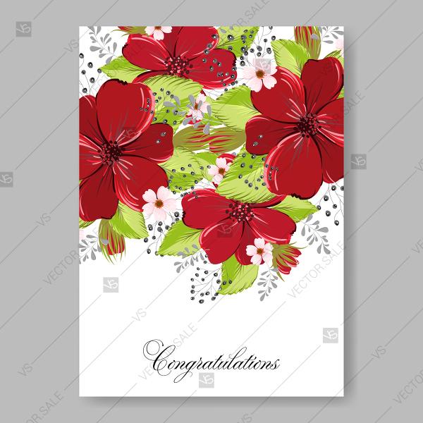 Wedding - Red beautiful anemone wedding invitation vector card template floral background
