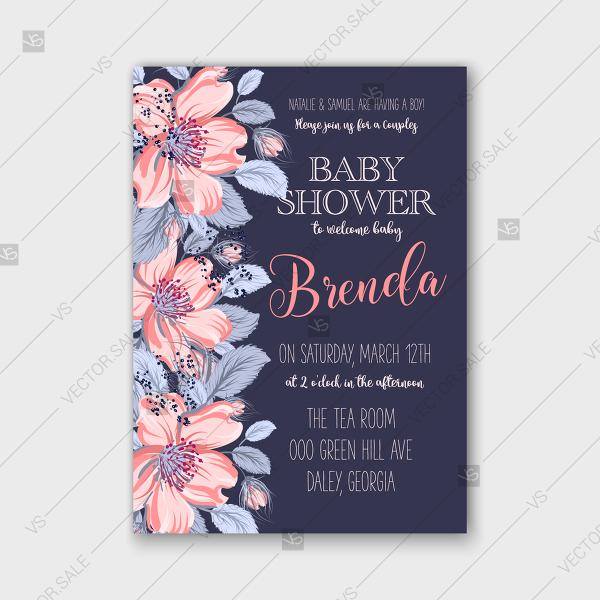 Wedding - Dog-rose pink sakura anemone bloom wild rose vector Baby shower invitation template vector invitation