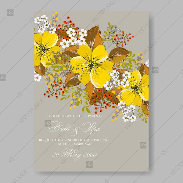 Hochzeit - Yellow anemone sunflower autumn floral wedding invitation vector template invitation template