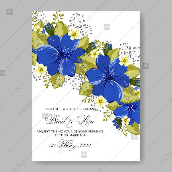 Hochzeit - Blue beautiful anemone wedding invitation vector card template floral illustration anniversary invitation