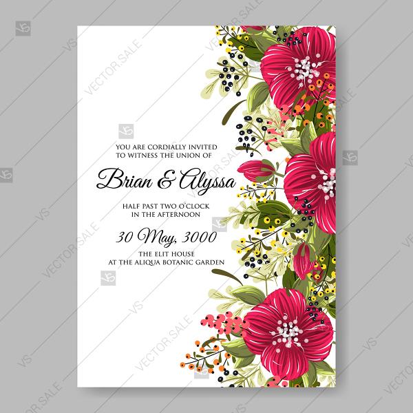 Свадьба - Red poppies anemones wildflowers with greens vector wedding invitation cards baby shower invitation