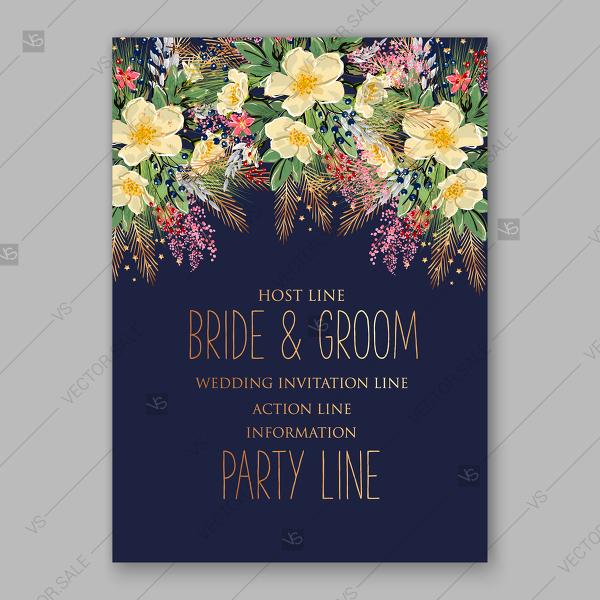 Wedding - Spring wreath floral Wedding invitation vector anemone on dark blue background