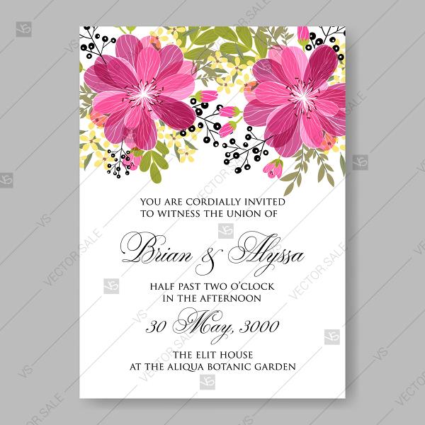 Hochzeit - Pink anemone daisy spring floral wedding invitation vector file
