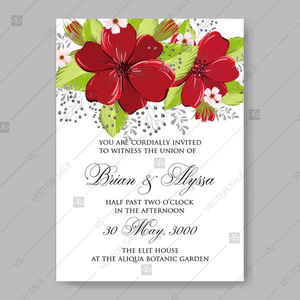 Mariage - Red beautiful anemone wedding invitation vector card template
