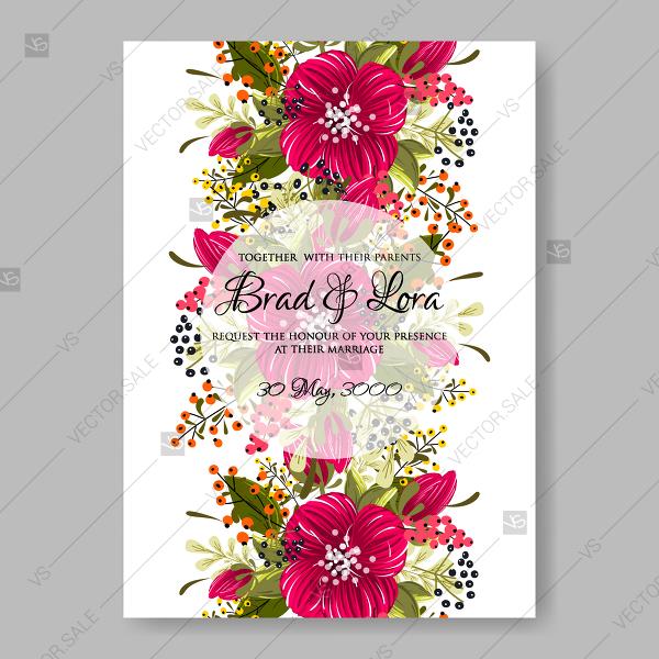 زفاف - Red poppies anemones wildflowers with greens vector wedding invitation cards floral illustration