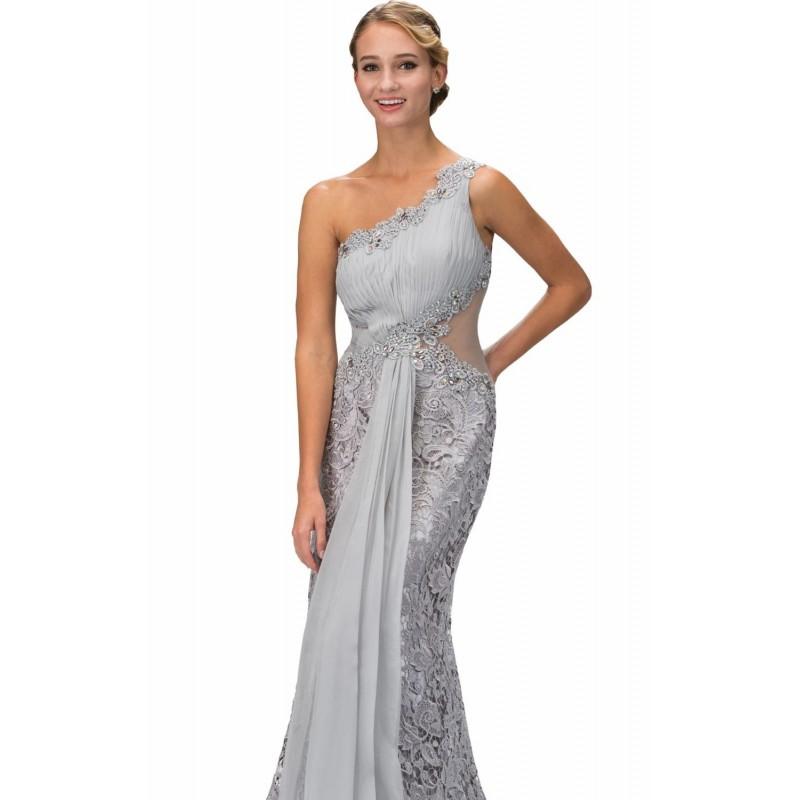 Mariage - Silver Asymmetrical Lace Gown by Elizabeth K - Color Your Classy Wardrobe