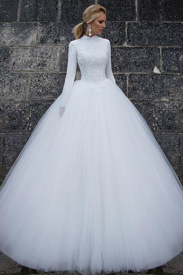 Hochzeit - Vintage Satin High Collar Natural Waistline Ball Gown Wedding Dress With Lace Appliques