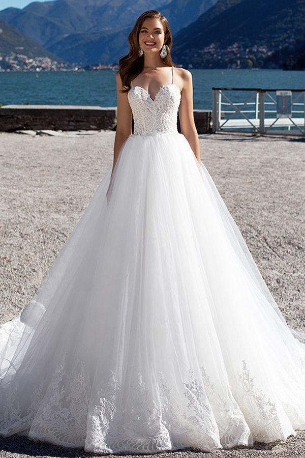 Hochzeit - Fabulous Tulle & Satin Spaghetti Straps A-Line Wedding Dresses With Beaded Lace Appliques