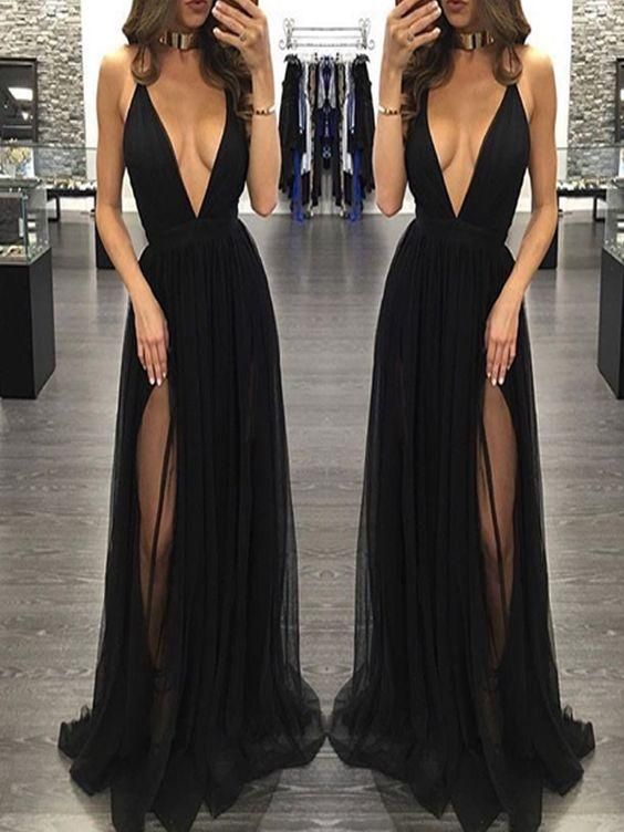 زفاف - Black Prom Dresses Long, A-line Party Dresses 2018 V-neck, Tulle Backless Formal Evening Dresses Sexy,BD16549