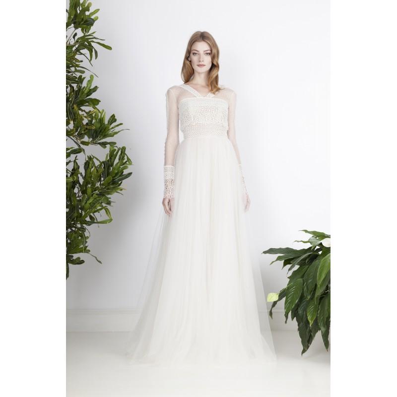زفاف - Divine Atelier 2017 Pearl Ivory Sweet Sweep Train Aline Long Sleeves V-Neck Tulle Appliques Dress For Bride - Rich Your Wedding Day