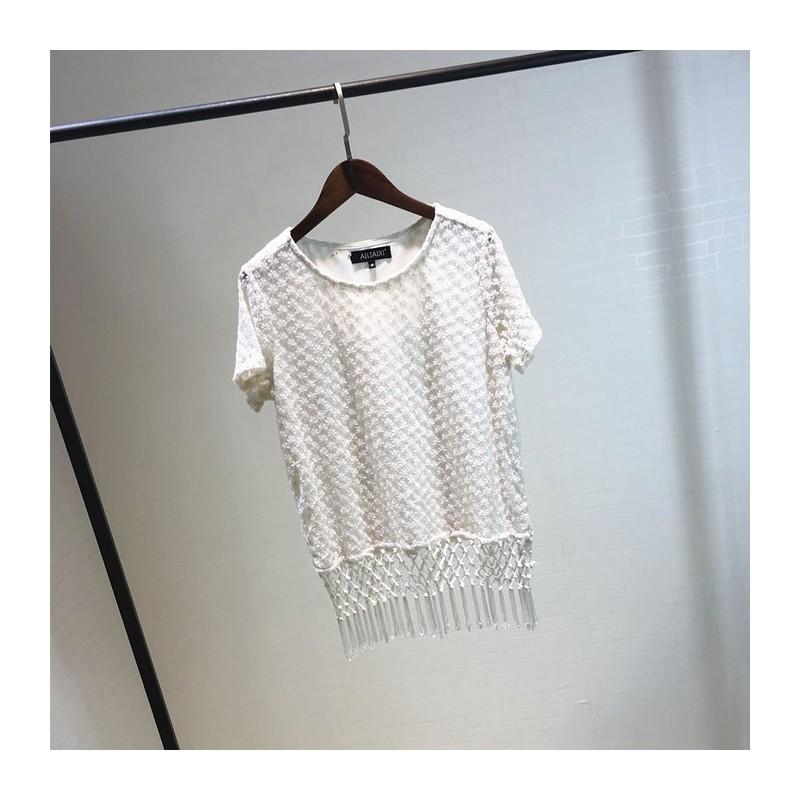 زفاف - Oversized Seen Through Fringe Hollow Out Crochet Slimming Sunproof T-shirt Flexible Lace Top Top - Discount Fashion in beenono