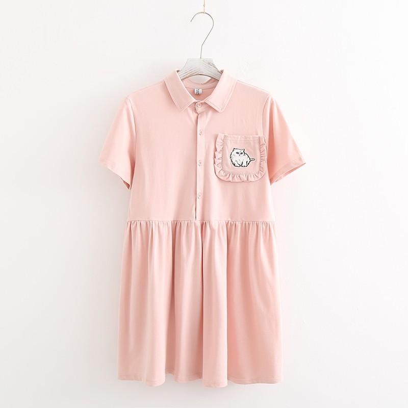 زفاف - Oversized Fresh Embroidery Polo Collar Short Sleeves Cat Cartoon Dress - Lafannie Fashion Shop