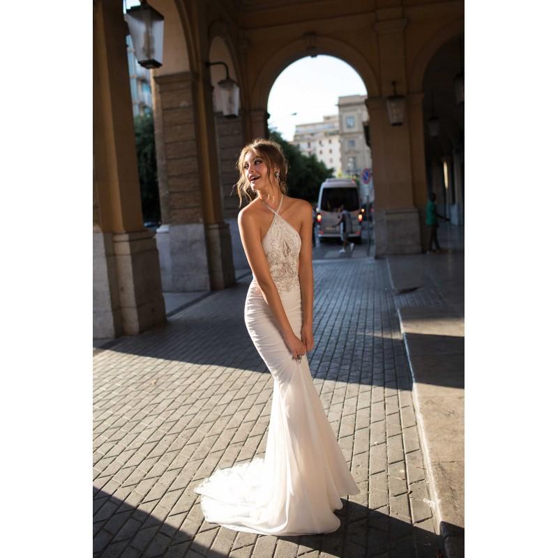 زفاف - Muse by Berta 2018 BONITA Elegant Sweep Train Ivory Sheath Sleeveless Halter Beading Satin Wedding Gown - Brand Prom Dresses