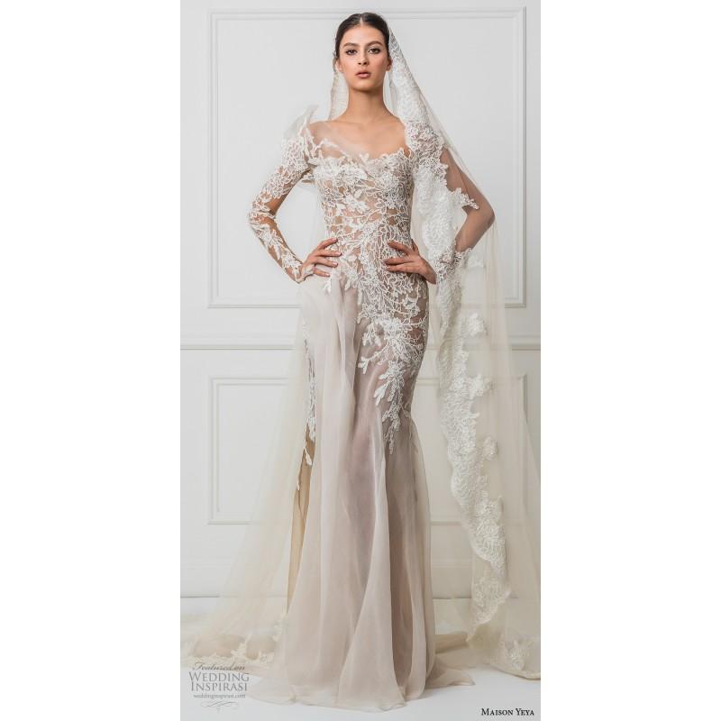 زفاف - Maison Yeya 2017 Appliques Nude Cathedral Train Split Silk Long Sleeves Fit & Flare Illusion Dress For Bride - Bridesmaid Dress Online Shop