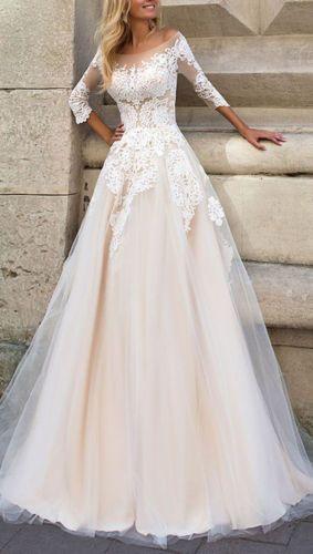 Hochzeit - 3/4 Sleeve Lace Bridal Wedding Dresses A-line Tulle Gowns 2 4 6 8 10 12 14 16  