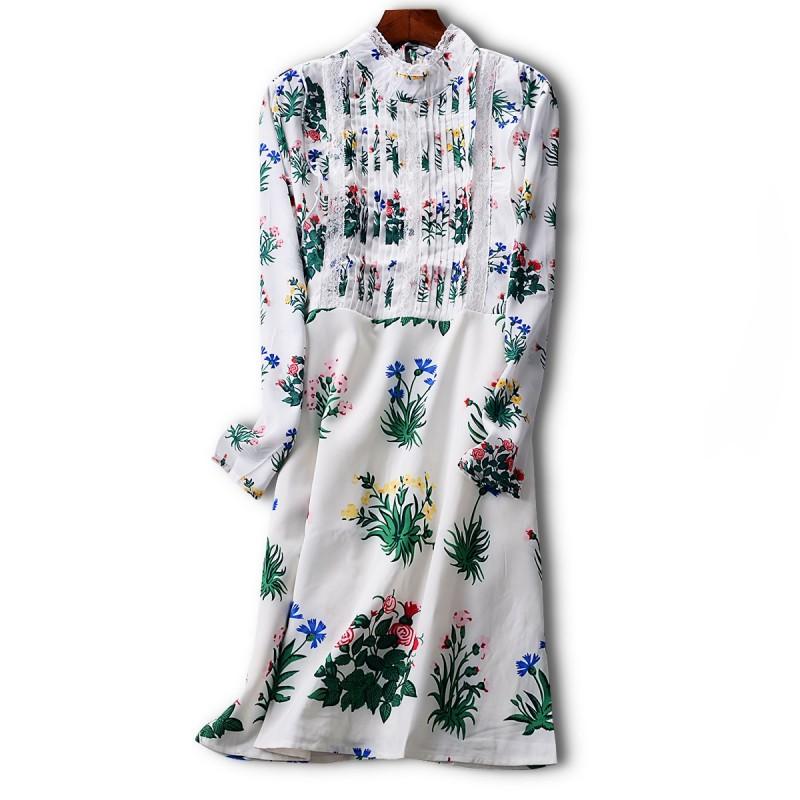 Wedding - Fresh Pleated High Neck Long Sleeves Chiffon Floral Dress Basics Midi Dress - Discount Fashion in beenono