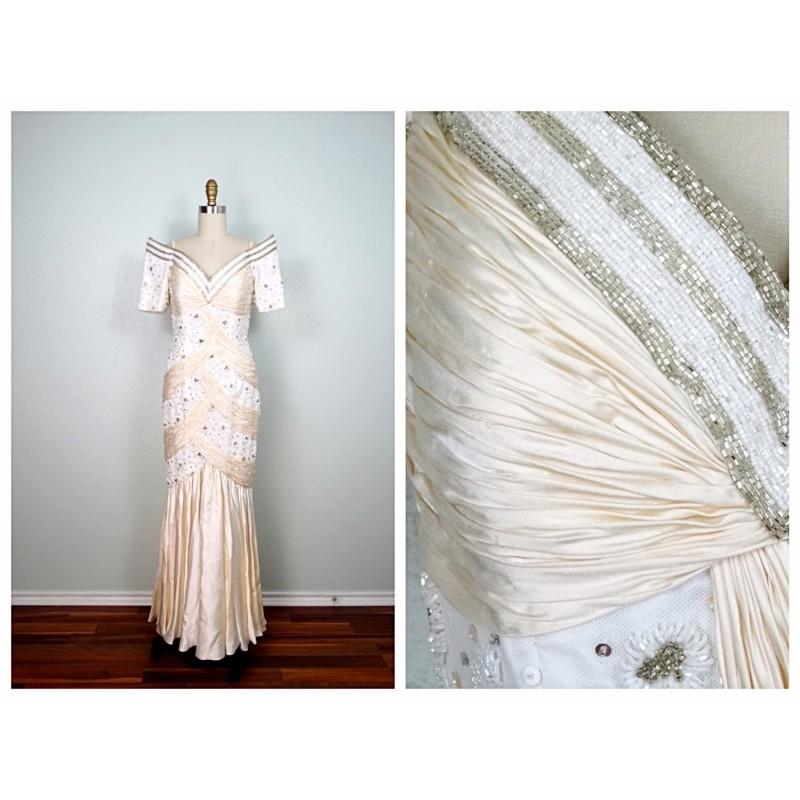 Wedding - VTG Claire's Collection Wedding Gown / Beaded Sequin Embellished Pageant Gown by braxae / Ruche White & Ivory Dress Size 6 - Hand-made Beautiful Dresses