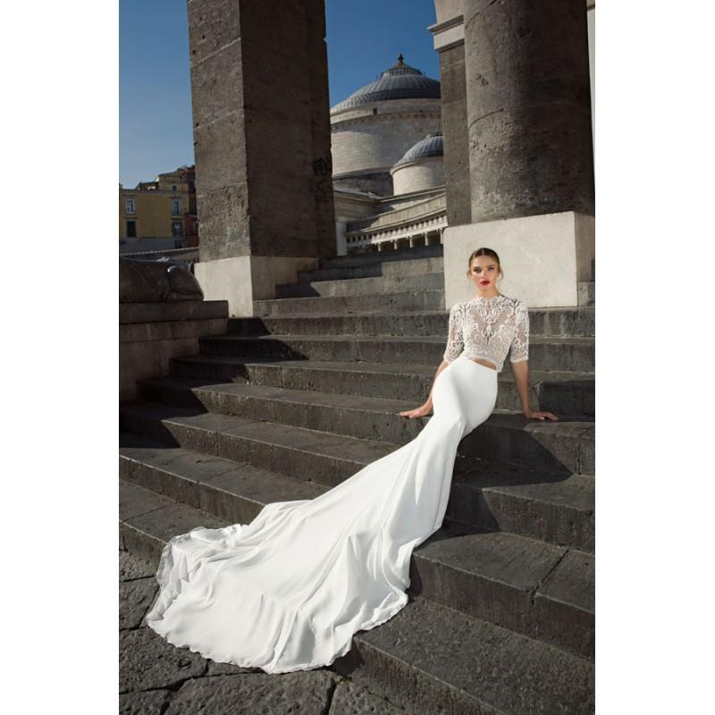 Свадьба - Julie Vino Fall/Winter 2017 1202 1/2 Sleeves Cathedral Train Bateau Elegant Ivory Fit & Flare Beading Crepe Bridal Dress - Customize Your Prom Dress