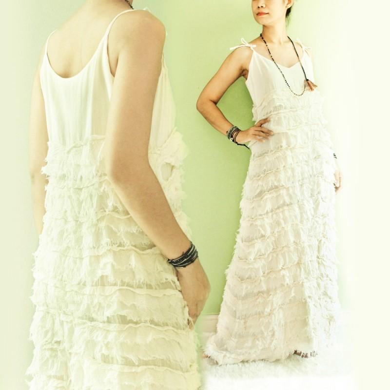 Wedding - SALE - 50%, Frayed Layer Maxi Cotton Cami Dress in Off White, Boho, Hippie Wedding, Beach Wedding - Hand-made Beautiful Dresses