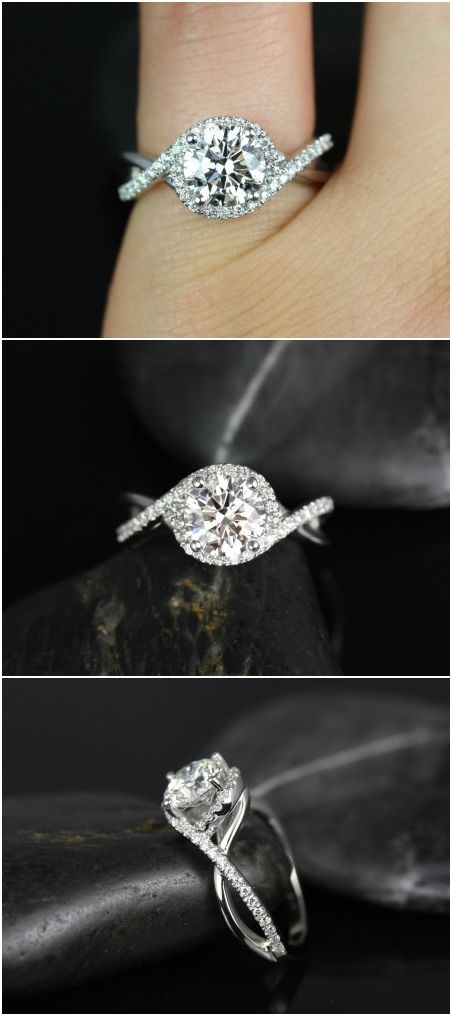 زفاف - Rosados Box Maritza 7mm 14kt White Gold Round F1- Moissanite And Diamonds Halo Twist Engagement Ring
