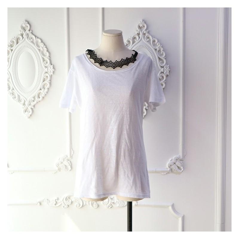 زفاف - Casual Scoop Neck Lace Lace Up Accessories Summer T-shirt Short Sleeves Top - Discount Fashion in beenono