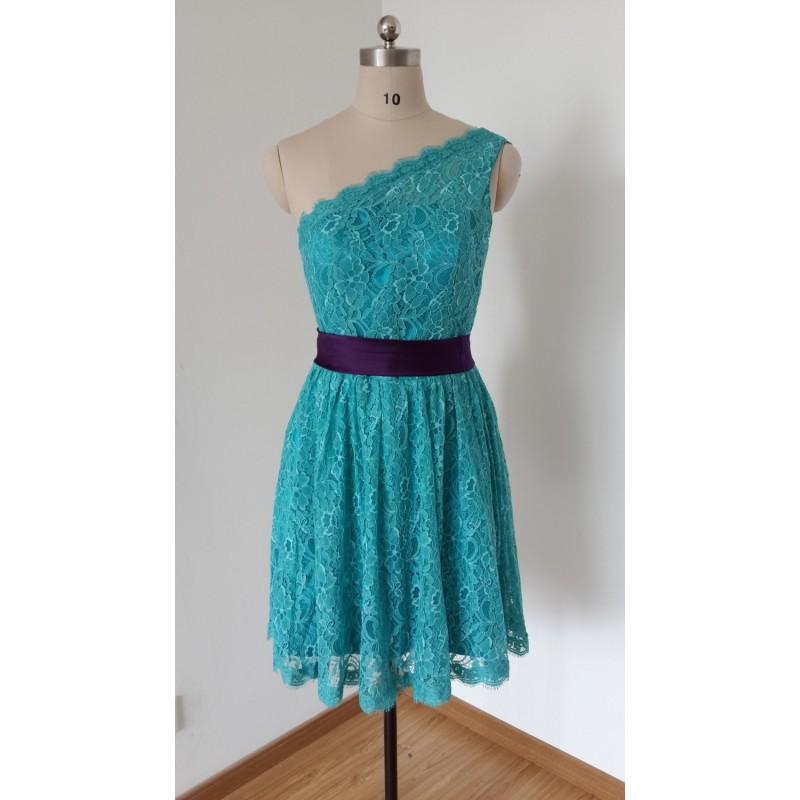 Mariage - 2015 One-shoulder Teal Lace Short Bridesmaid Dress with Dark Purple Sash - Hand-made Beautiful Dresses