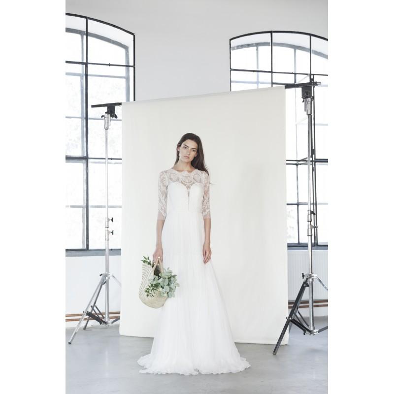 Wedding - Divine Atelier 2018 Leya Aline Illusion 1/2 Sleeves Ivory Sweet Sweep Train Silk Spring Covered Button Outdoor Bridal Dress - Brand Prom Dresses