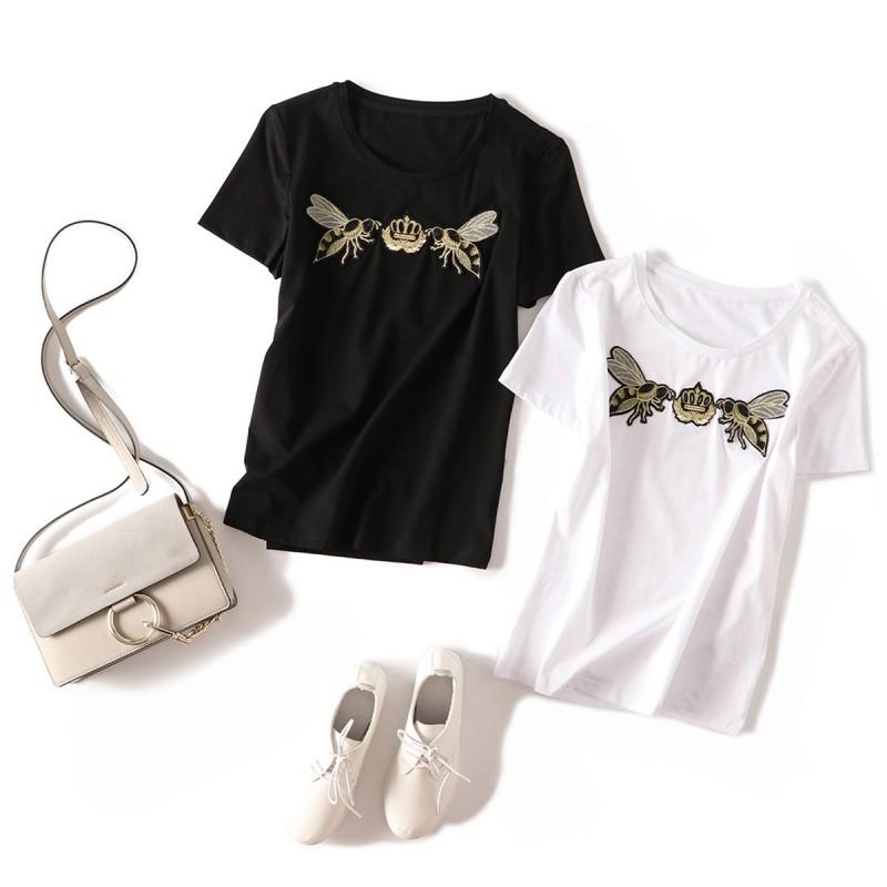 زفاف - Embroidery Appliques Cotton Bee High Brands Summer Short Sleeves Top T-shirt - Lafannie Fashion Shop