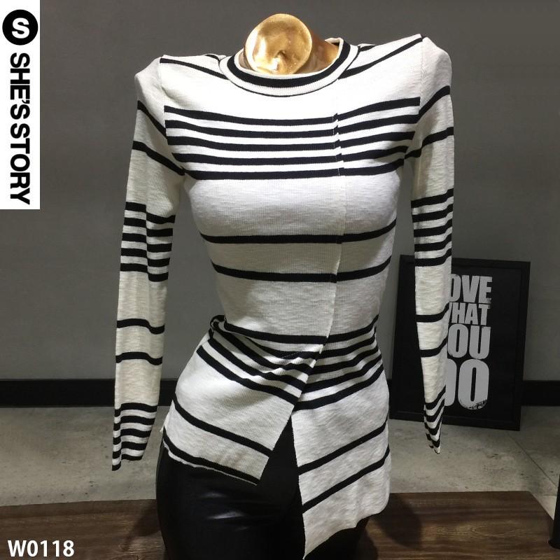 زفاف - Asymmetrical Slimming Shoulder Pads Jersey Stripped Black & White Spring T-shirt - Lafannie Fashion Shop