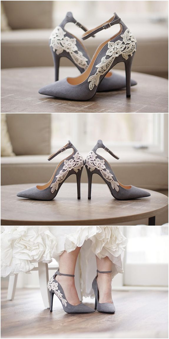 Hochzeit - Grey Bridal Shoes,Bridal Heels,Wedding Shoes,High Heels,Wedding Heels,Pumps,Gray Heels,Ankle Strap,Cute,Bridesmaid Shoes With Ivory Lace