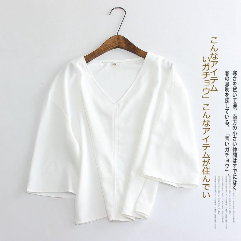 Wedding - Oversized Slimming Flare Sleeves V-neck White Summer Top Blouse Chiffon Top Basics - Discount Fashion in beenono