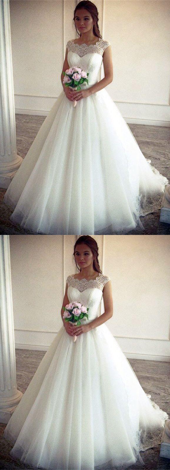 Свадьба - Vintage Lace Cap Sleeves Tulle Princess Wedding Dresses Ball Gowns