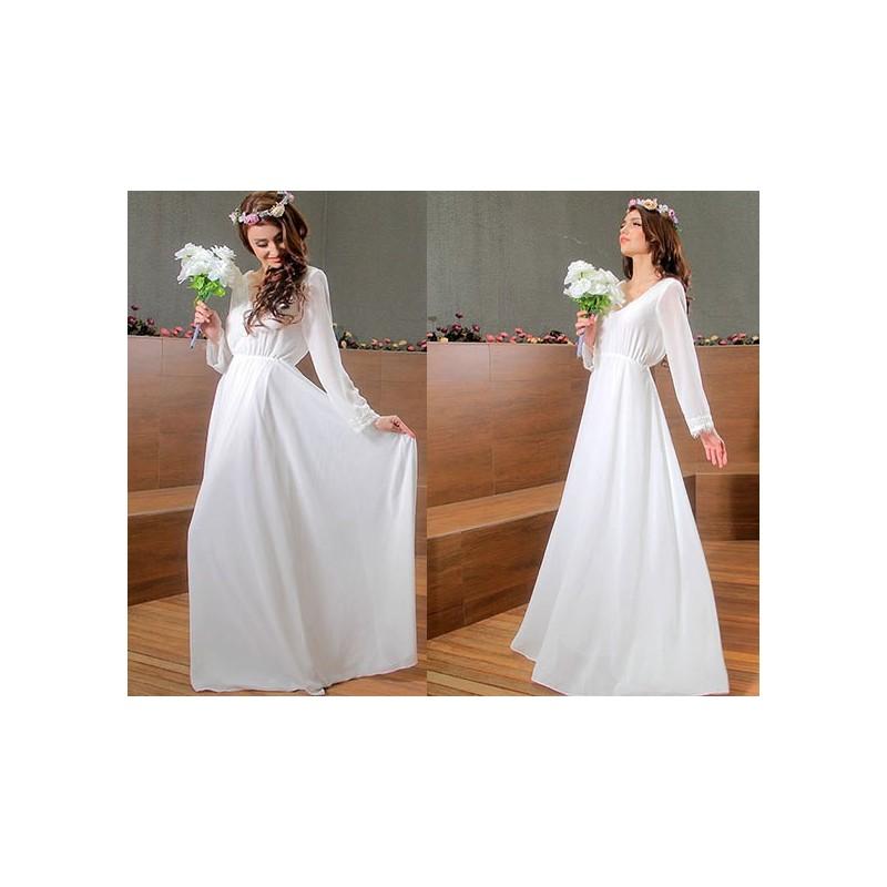 Wedding - Bohemian Lace Long Wedding Dress, Maxi Romantic Chiffon Dress, Fairy Tale V Back Dress, Off White Bridal Gown - Hand-made Beautiful Dresses