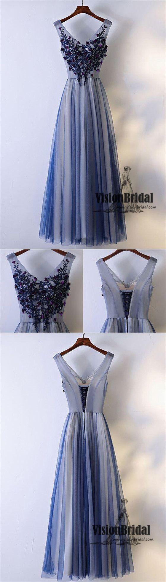 زفاف - Cute V-Neck Rhinestone Applique Lace Up A-Line Long Tulle Prom Dress, Beautiful Prom Dress, VB0512