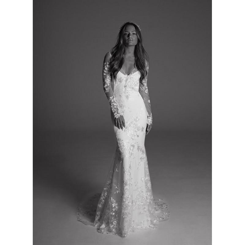 زفاف - Rime Arodaky Fall/Winter 2017 Dover Court Train Fit & Flare V-Neck Long Sleeves Keyhole Back Embroidery Lace Dress For Bride - Crazy Sale Bridal Dresses