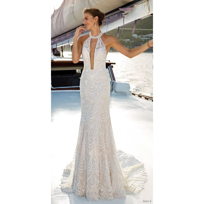 Mariage - Eddy K. 2019 Fit & Flare Chapel Train Sexy Ivory Jewel Sleeveless Spring Open Back Outdoor Lace Beading Bridal Dress - Charming Wedding Party Dresses