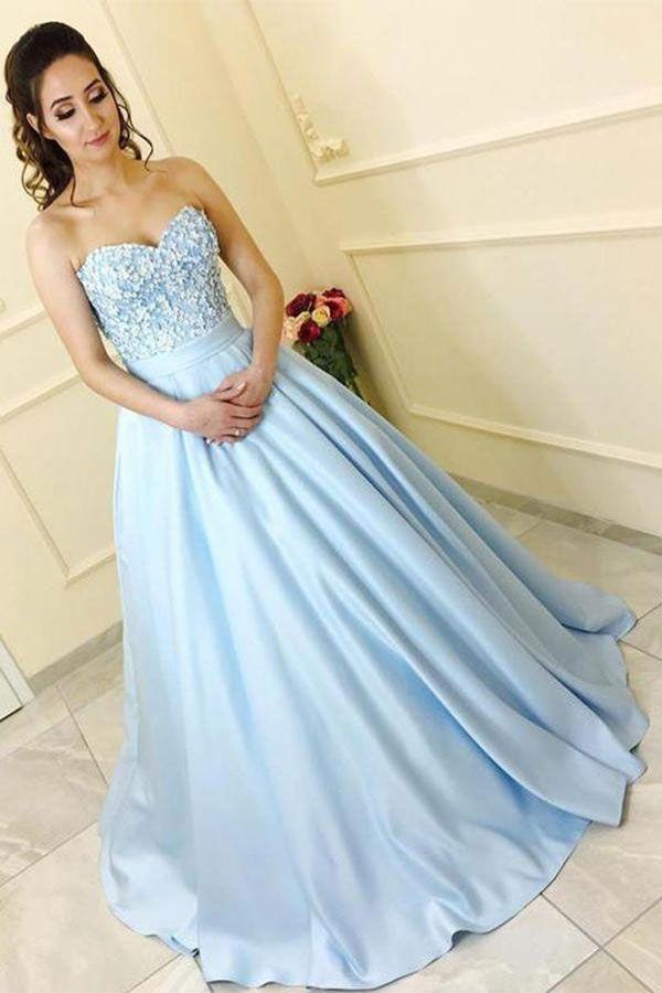 زفاف - Luxurious Prom Dresses Lace Modest A-Line Sweetheart Strapless Light Blue Sleeveless Long Prom Dresses Uk With Lace