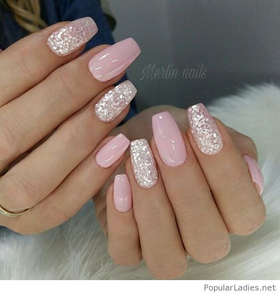 Hochzeit - Light Pink Gel Nails With Silver Glitter