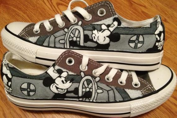 Hochzeit - Steamboat Willie Hand Painted Custom Converse Shoes