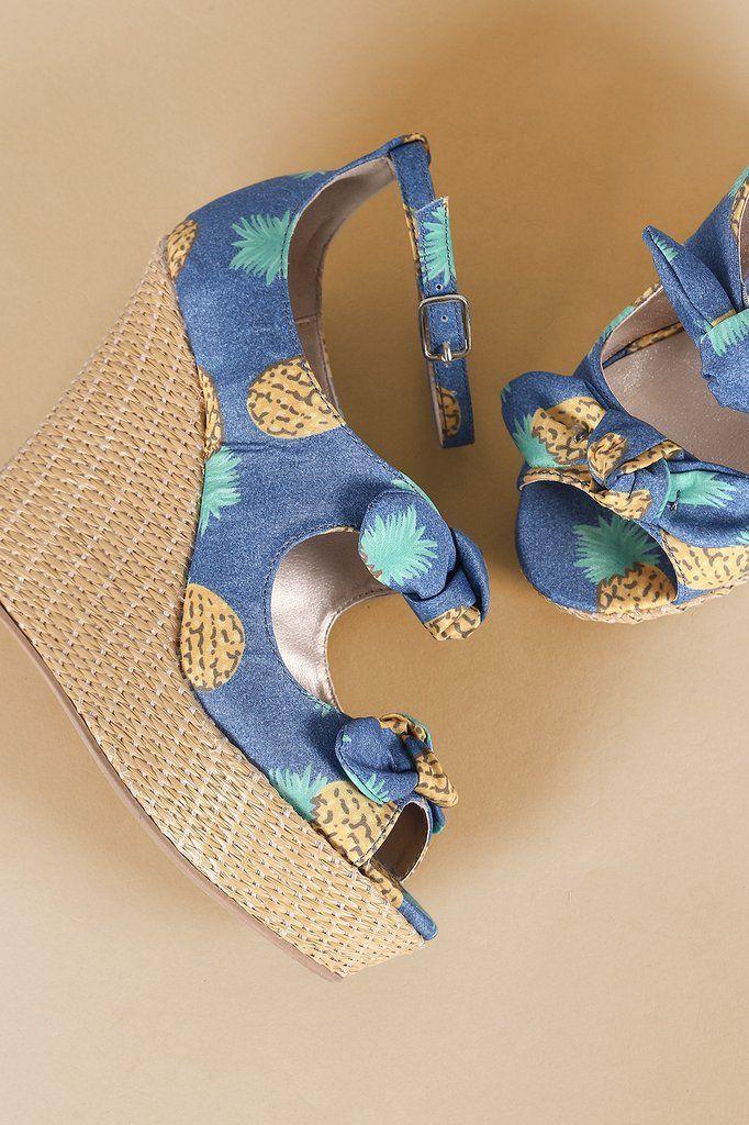 Mariage - Qupid Pineapple Print Bow Ankle Strap Wedge