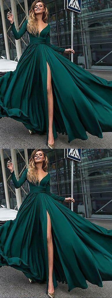 Wedding - Dark Green A-Line V-Neck Long Sleeves Sweep Train Long Prom Dress, M250