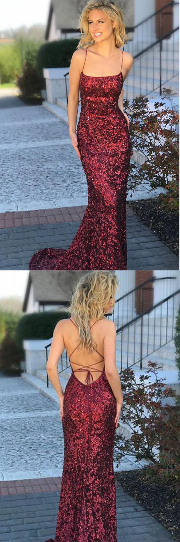 Hochzeit - Sexy Sheath Mermaid Spaghetti Straps Criss Cross Burgundy Sequined Prom Dress OKA30