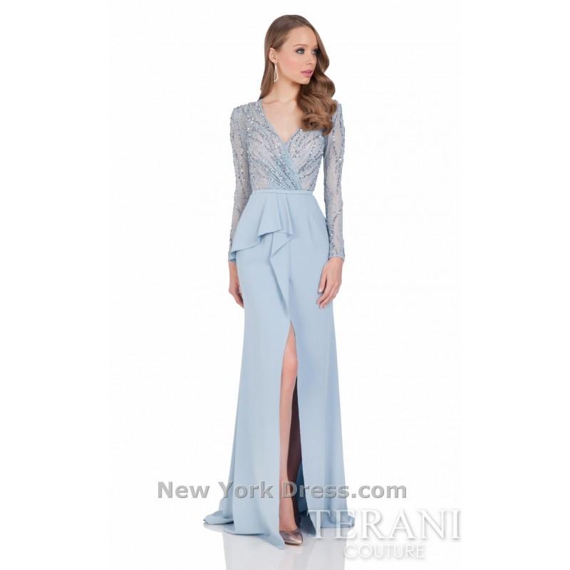 زفاف - V-Neck Fit & Flare Vogue Blue Sweep Train Long Sleeves Zipper Up Charmeuse Beading Evening Gowns - Stunning Cheap Wedding Dresses