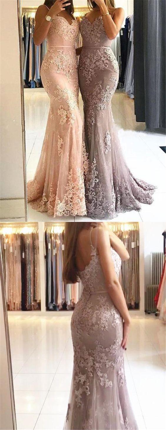 Wedding - Spaghetti Straps Lace Mermaid Floor Long Custom Evening Prom Dresses, Elegant Pink Mermaid Long Prom Dresses