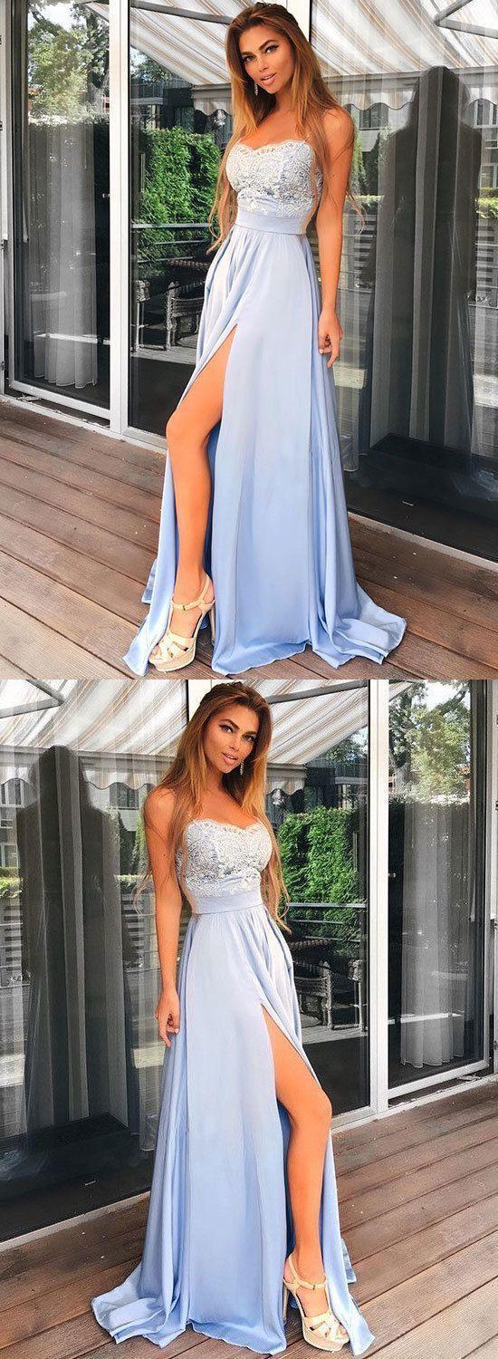 زفاف - Charming Light Blue Prom Dress, Spaghetti Straps Chiffon Prom Dress, Long Lace Top Prom Dress, Split Evening Party Gowns